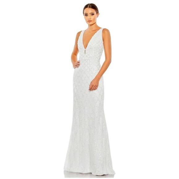 Mac Duggal wedding Plunge Sequined White Floor Length Maxi on Queenly size 8 - Picture 1 of 16